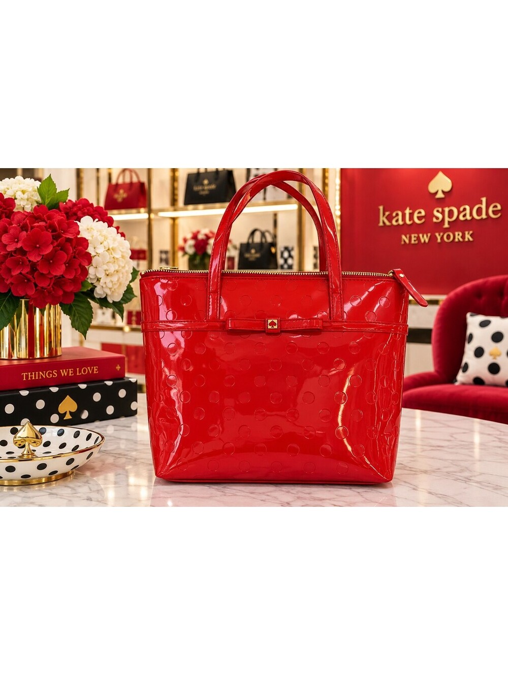 Kate Spade | Red Patent Embossed Dot Bow Tote